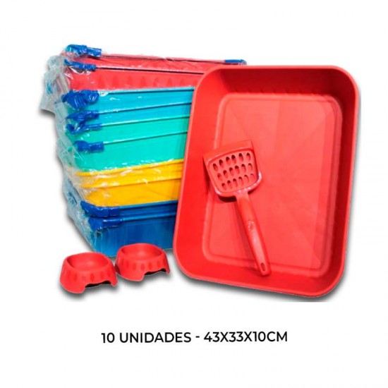 Kit Plástico Bandeja Higiênica,Pá e Comedouro Maxx Diversas Cores-Club Pet- 10 unidades - 43x33x10cm