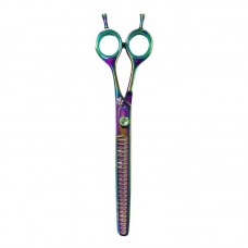 98199 - TESOURA EM ACO 420, COM LAMINA DENTADA, APOIO DE DEDO E NA COR FURTA COR